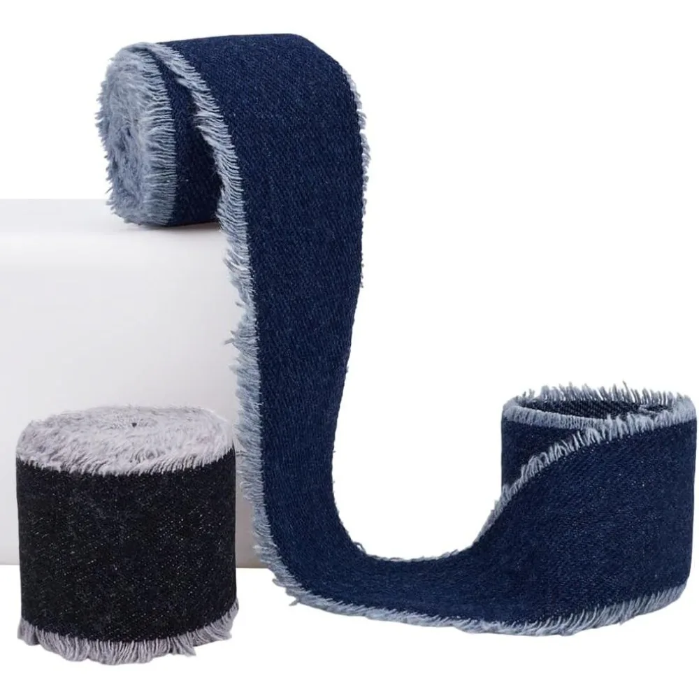 2 Colors 1 3/4 Inch Denim Blue Wired Ribbon Black Frayed Raw Edge Fabric Ribbon Trim Handmade Rustic Fringe Ribbons Bulk