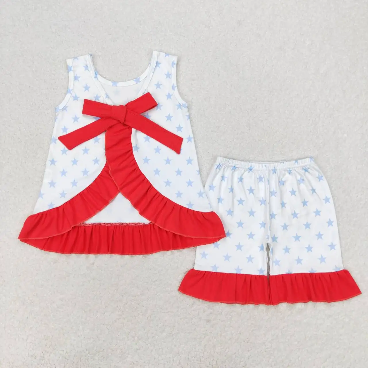 

Toddler girls July 4th blue stars Outfits Clothes Baby Short Sleeves Top red Shorts Kids Clothing Wholesale boutique summer set