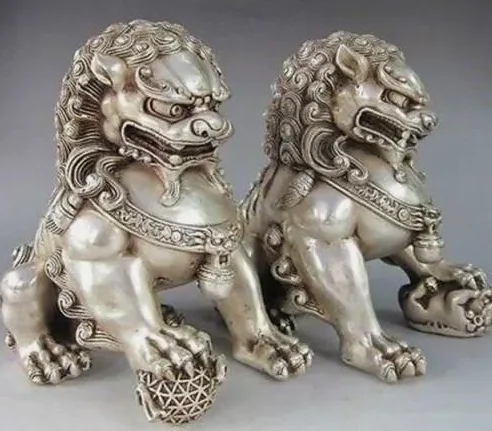 15.5cm Chinese Silver Bronze Fu Foo Dog Guardian lion Statue Pair