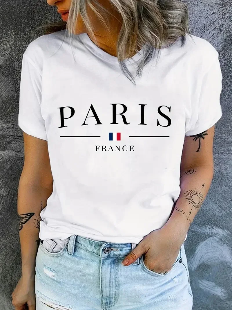 PARIS Print T-shirt Short Sleeve Crew Neck Casual Top For Summer & SpringWomens Clothing