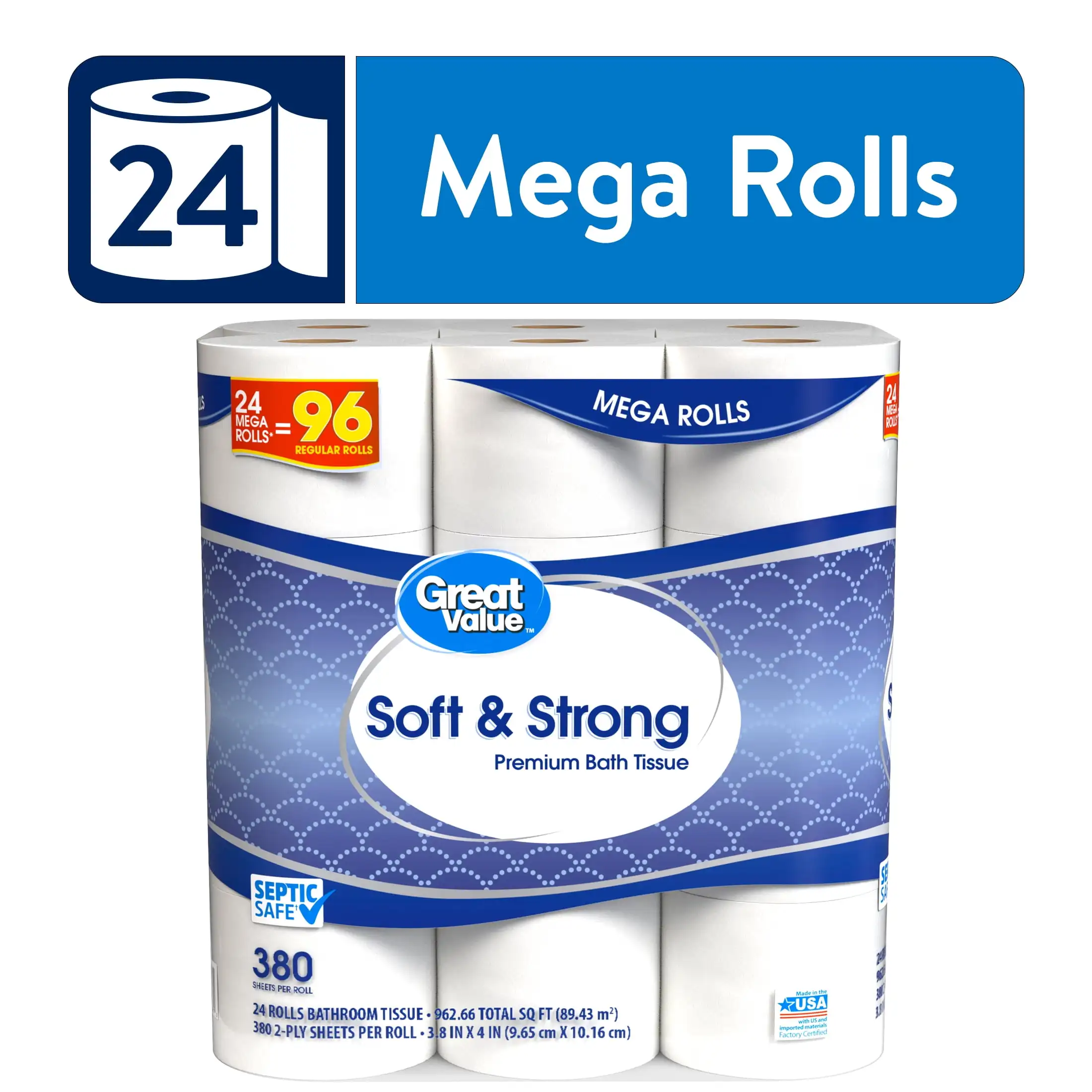 

Soft & Strong Premium Toilet Paper, 24 Mega Rolls, 380 Sheets per Roll Perfect with super absorbent water