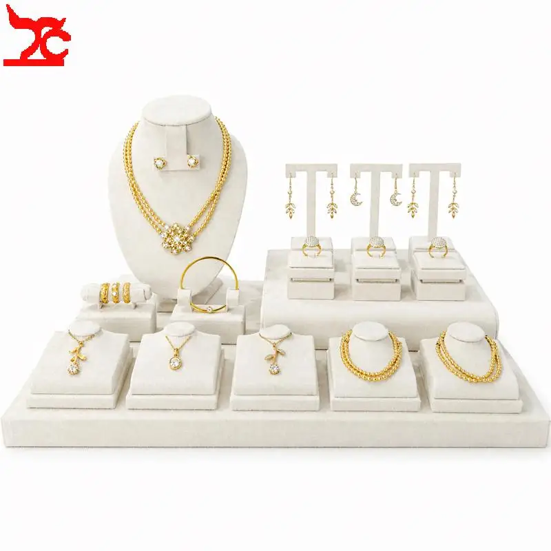

Beige Velvet Jewelry Display Stand Business Exhibition Earring Necklace Organizer Holder Jewelry Store Counter Showcase Props