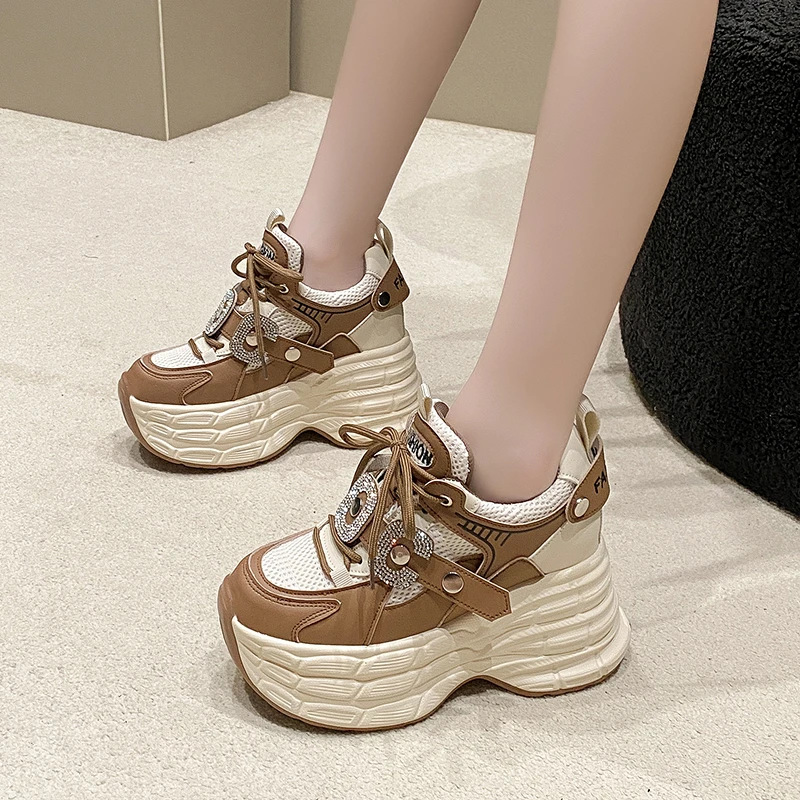 New Women Chunky Sneakers Luxury High Top Bling Leather Shoes Platform Casual Shoes Woman Outdoor Sports Sneakers Tenis De Mujer