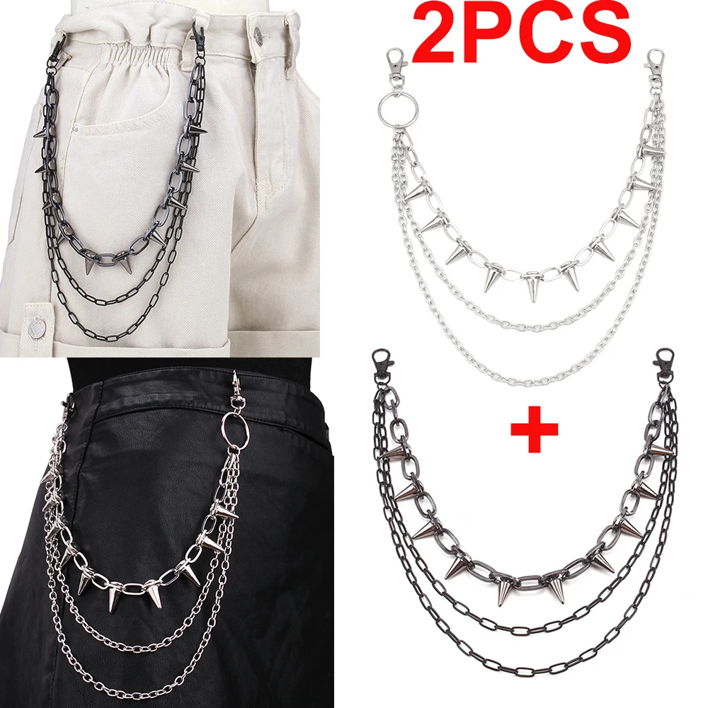 

2PCS Punk Spike Rivet Waist Chain Keychain Jeans Decor Pants Chain Women Men Secure Wallet Heavy Duty Link Coil Leash Jewelry