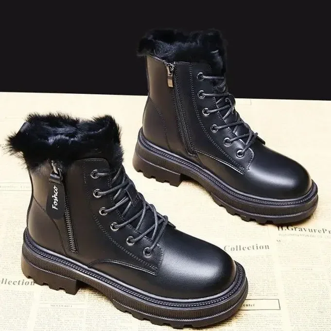 

Snow Boots Plush Warm Medium Boots Women's Black and White Winter Thickened Warm Snow Flat Shoes Zapatos Mujer 2024