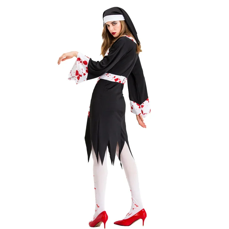 Halloween Costume for Women Nun Costume Cosplay Costumes Vampire Demon Costume Cross Print Long Dress Party Clothes