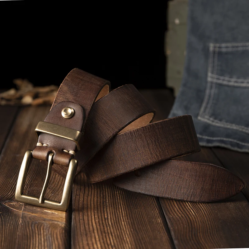 Handmade Vintage Genuine Leather Belt For Men Pure Copper Pin Buckle Pants Strap Male Excellent Clothing Accessories Jeans Belt