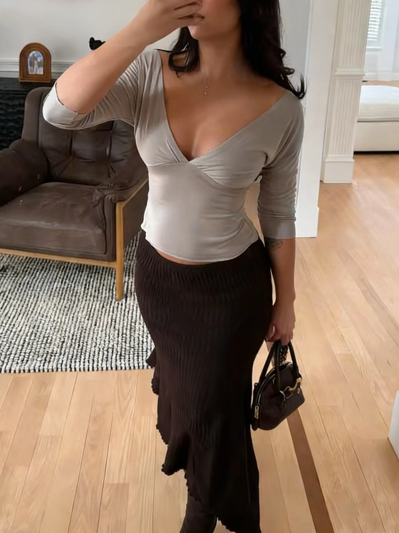 

Summer Solid Slim Long Sleeve Women's Tops Sexy Deep V-neck Ruched Backless Crop Tops T-shirts Y2k Top Female Chic Tanks 2026