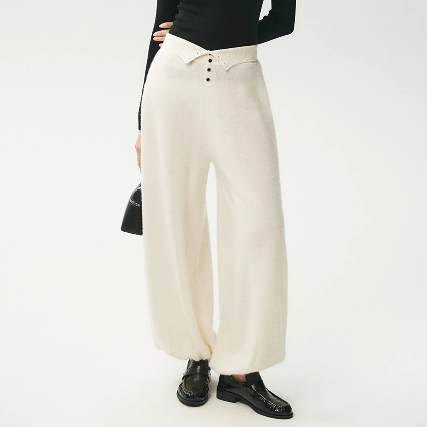 Tcyeek Women 100% Cashmere Bloomers Pants Autumn Winter Casual Style High Waist Cashmere Knitted Trousers Fastener Waist