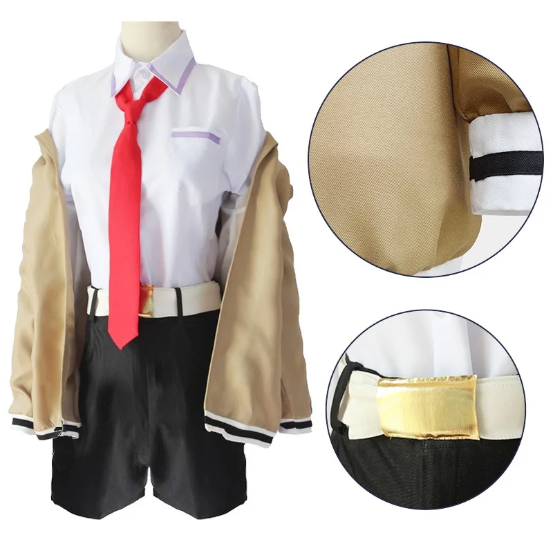 Steins Gate Makise Kurisu Anime Cosplay Costume pour femme, uniforme trempé, coupe-vent, veste, chemise, short, costume d'Halloween