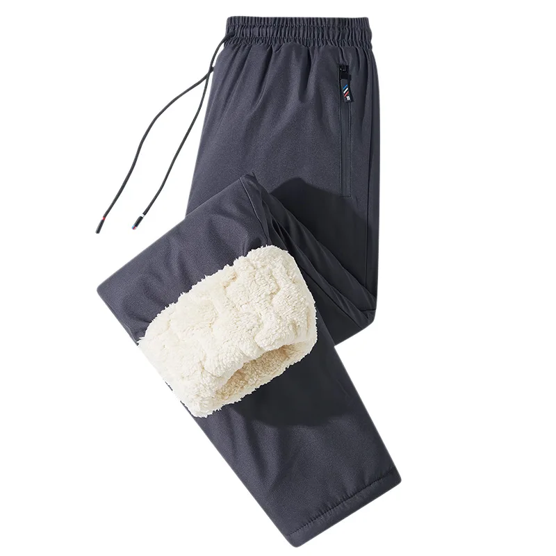 Men Winter Lamb Fleece Lined Cotton Pants, Graphene Knee Pads Thick Thermal Outerwear Loose Plus Size Trousers for Middle Aged