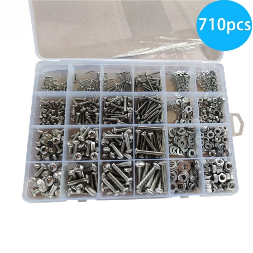 

710pcs 304 Stainless Steel Cross Plate Screws Bolts and Nuts Flat Washers Assortment Set M2-M5 Round Head Machine Thread Screws