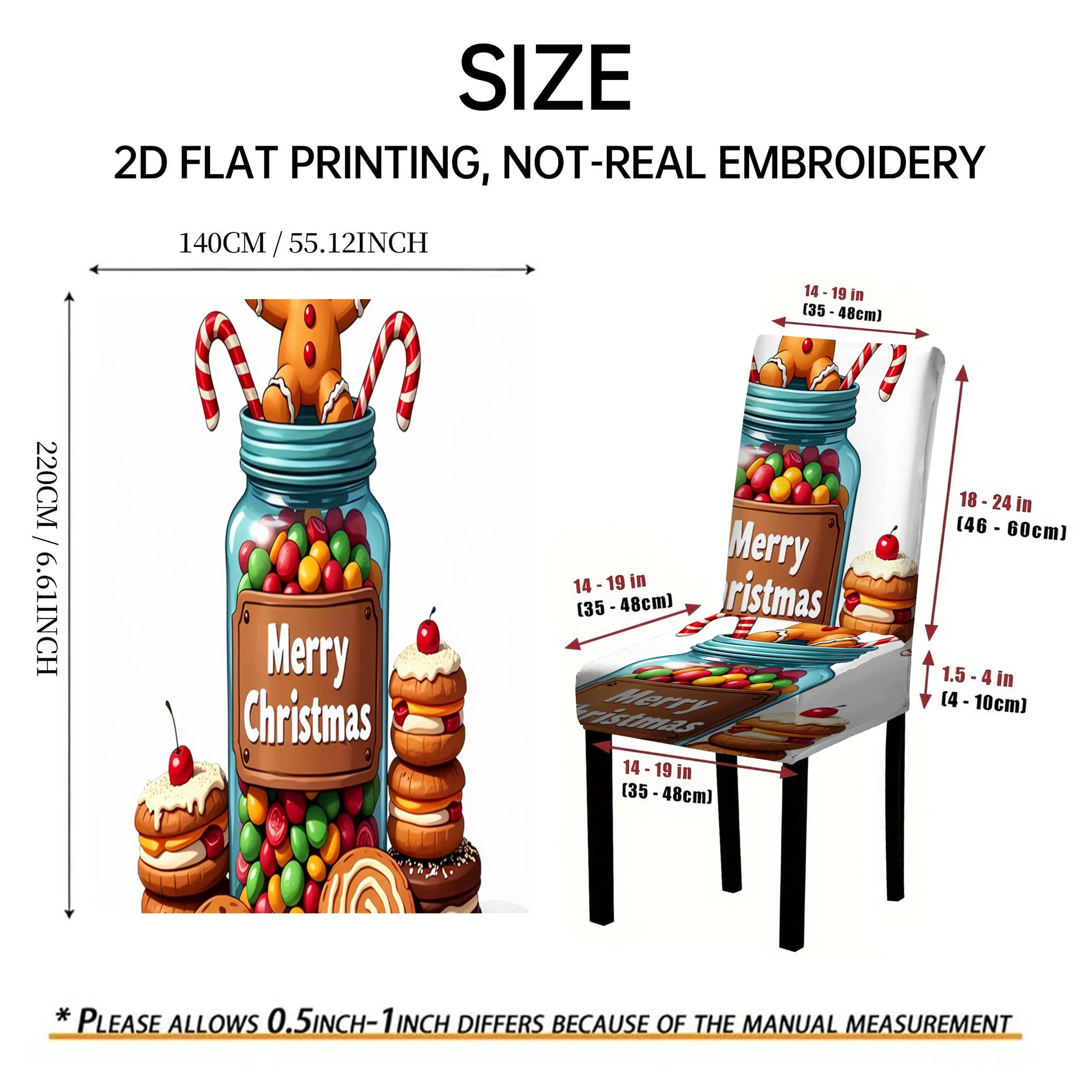 2/4/6PCS Christmas gingerbread man cane candy elastic dining chair cover, 2D flat snack design Christmas home holiday decoration
