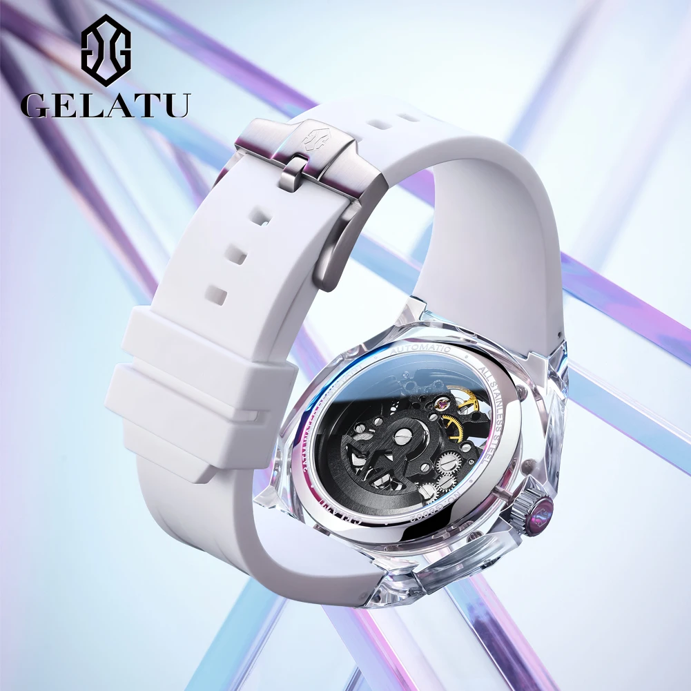 GELATU 8002 Automatic Mechanical Men's Watch Skeleton Hollow Waterproof Luxury Watch Silicone Strap Big Face Watch Automatic