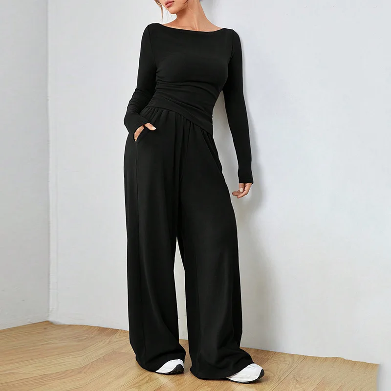 

Women Tracksuit Set Solid Color Sport Round Neck Trouser Set Summer Elegant Long Sleeves Pant Sets High Waist Gym Two Pieces Set