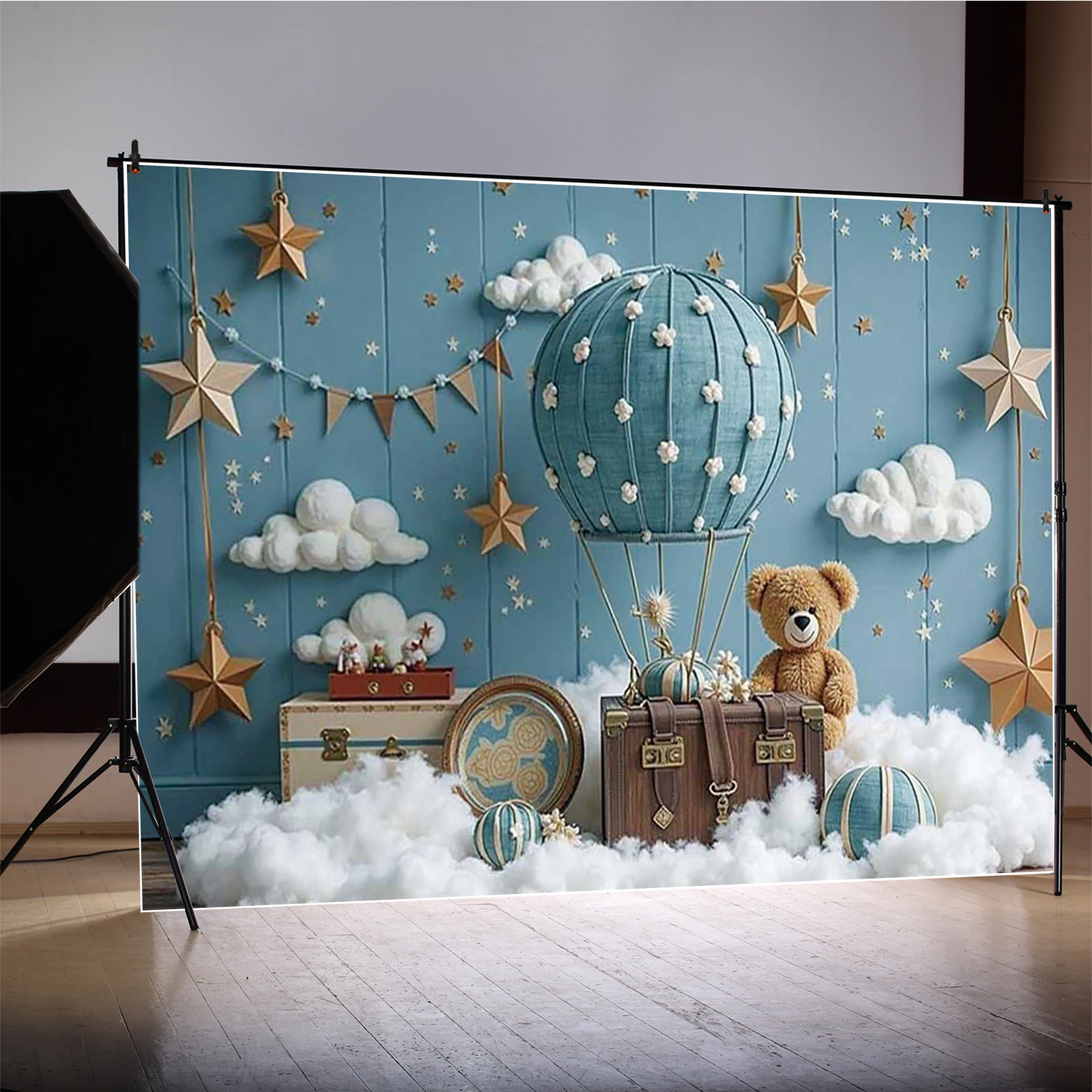 MOON.QG Children Birthday Banner Photography Background Cloud Blue Teddy Bear Photozone Backdrop Baby Studio Photobooth Props