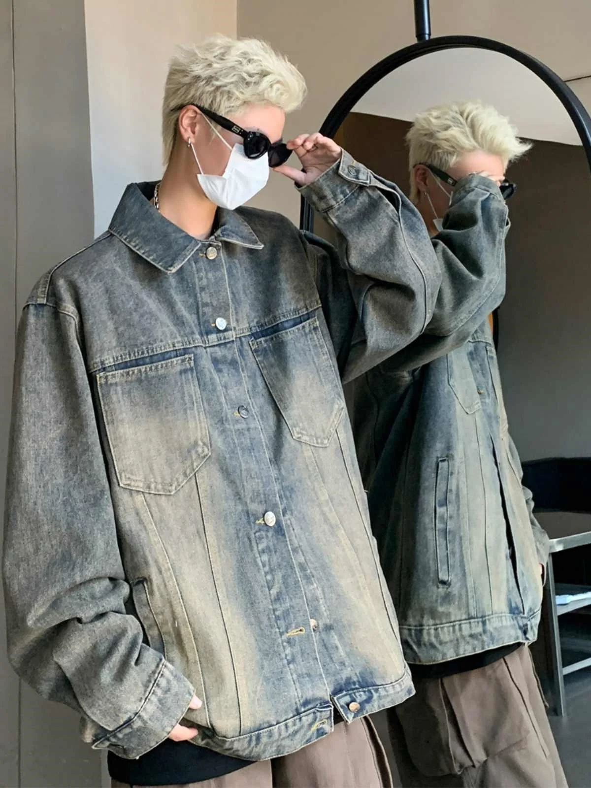 الرجعية الأمريكية Waed الدنيم Jaet الرجال ort ربيع الخريف طوق عمال Jaet خمر بارد المظهر الجينز Jaet #2