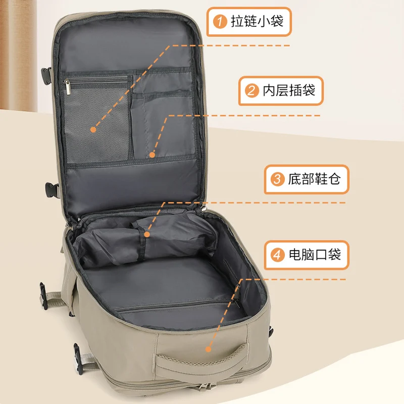 Zaino da viaggio multiscomparto color albicocca Organizzatore di grande capacità con tasca per laptop Scomparto per scarpe Zaino per bagagli da lavoro