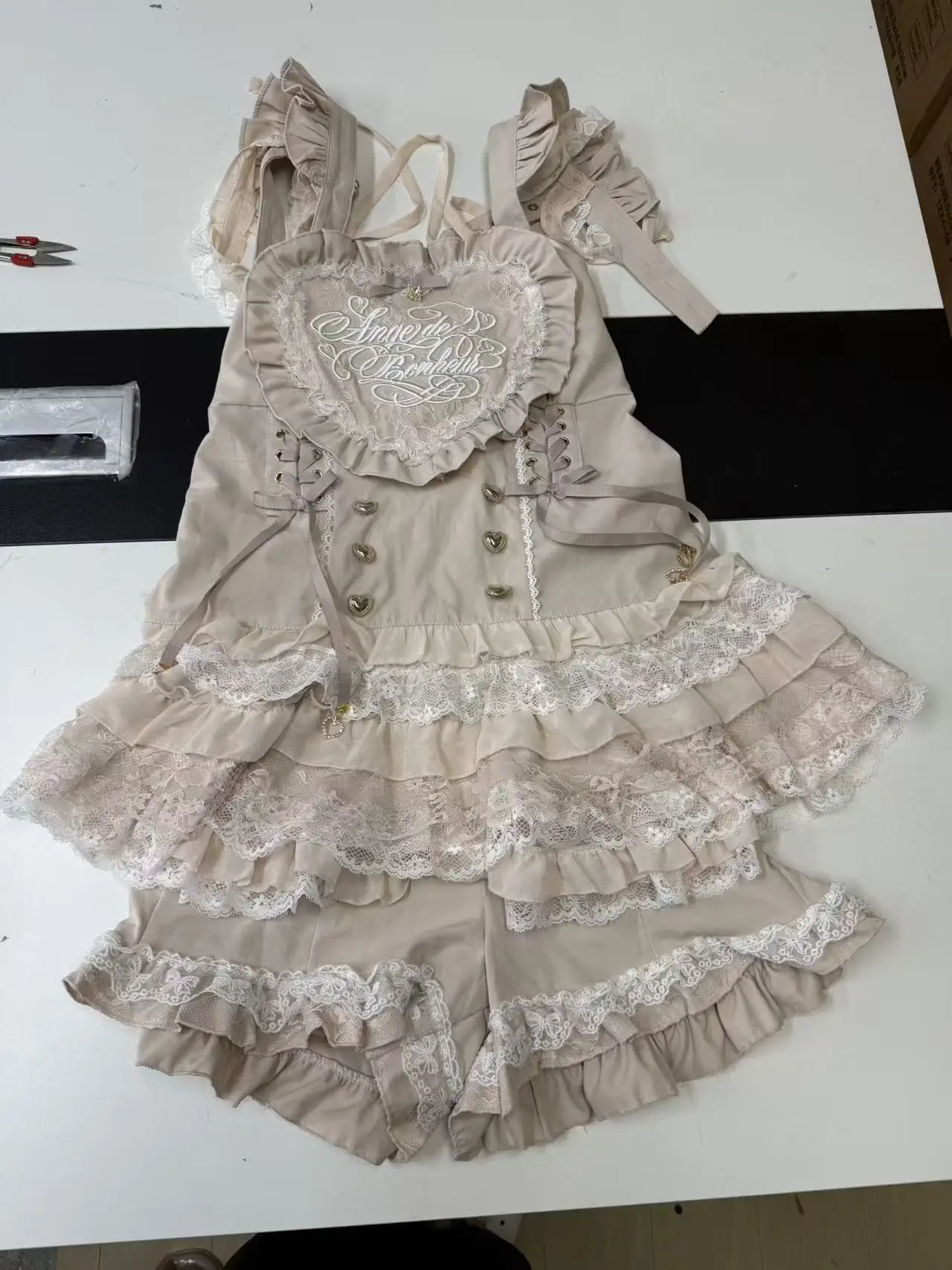 Sweet Japanese Lolita Plaid Lace Heart Embroidery Jumper Dress with Skirt 2 piece Set Cute Kawaii Mass Produced Style Princess