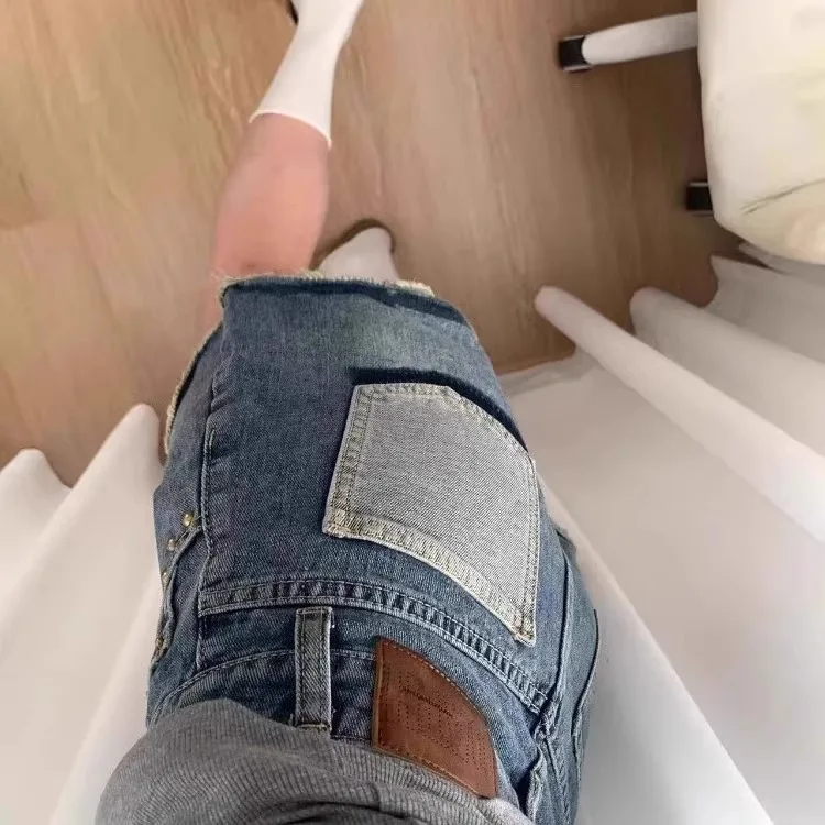 High Waist A-Line Short Jeans Women plus Size Slimming Wide Leg Hot Pants Color Block Retro Thin Cotton Stretch Denim Shorts