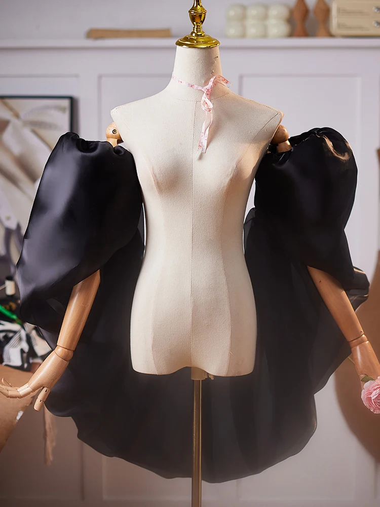 black-handmade-satin-glove-sleevelets-hepburn-style-shoulder-length-exaggerated-for-fashion-show-and-photography
