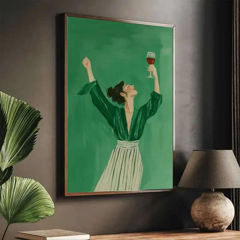 

Elegant Lady A Green Dress Holding A Red Wine Glass Canvas Poster Modern Wall Art Painting Home Decoration Living Room Bedroom