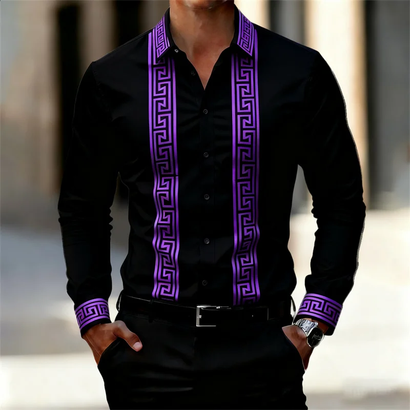 Men's Retro Geometric Print Shirt, Stylish Long-Sleeve Black Shirt, Business Casual Men's Top, Multiple Colors Available, XS-6XL - Image 5