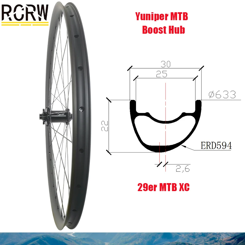 29er MTB XC 30*22mm Front Wheelset Asymmetric Carbon Rim 28 32 Hole Wide 30 Deep 22 Yuniper MTB Boost 15X110 Hub Wing20 Spoke