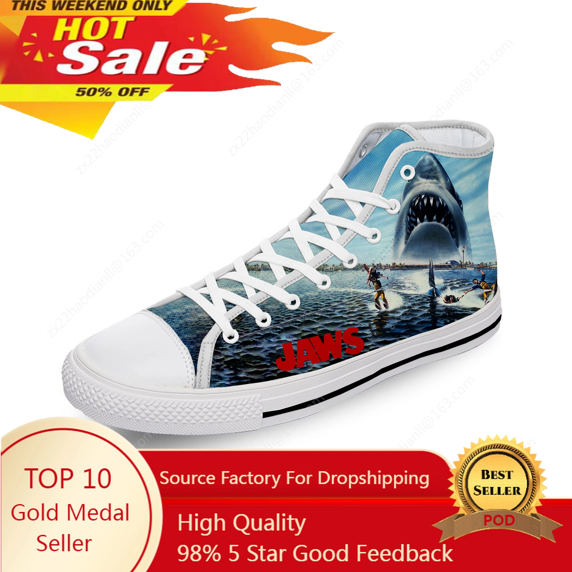 

Jaws Movie Shark Horror White Funny Cloth 3D Print High Top Canvas Fashion Shoes Men Women Lightweight Breathable Sneakers