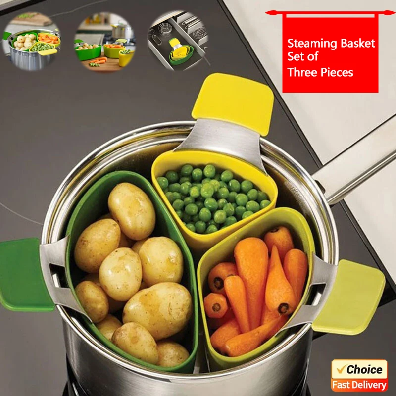 

Silicone Food Steamer 3PCS- Set Vegetable Fruit Basket Steamer Rack Cookware Kitchen Cooking Utensils Supplies