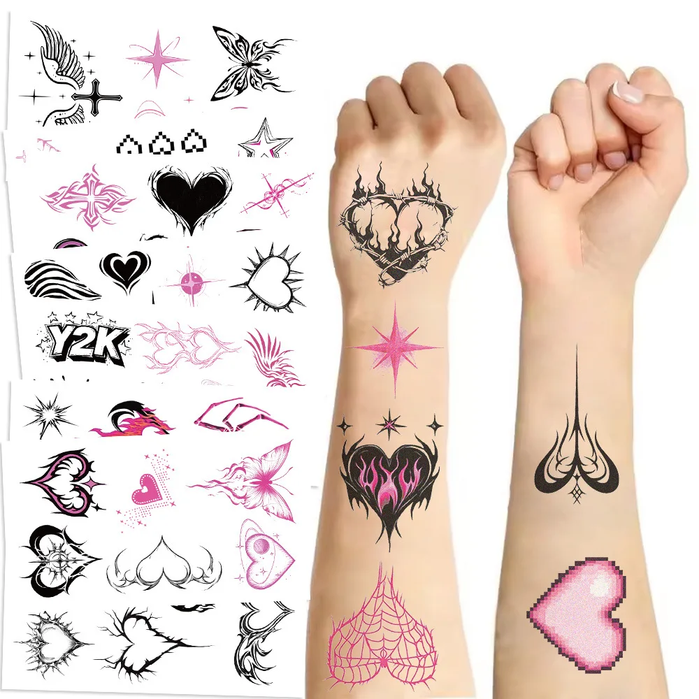 

Cartoon Pink Black Heart Temporary Tattoo Stickers Waterproof Disposable Non Toxic for Kids Party Holiday Gathering