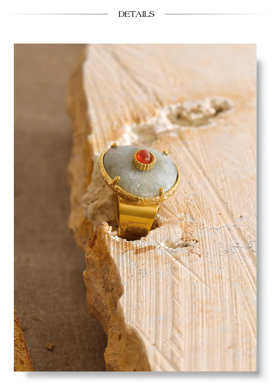 Yhpup Natürlicher Spektrolith-Achat-Stein Offener Ring Hochwertiger Edelstahl Stilvoller Schicker Fingerschmuck – Detail 6