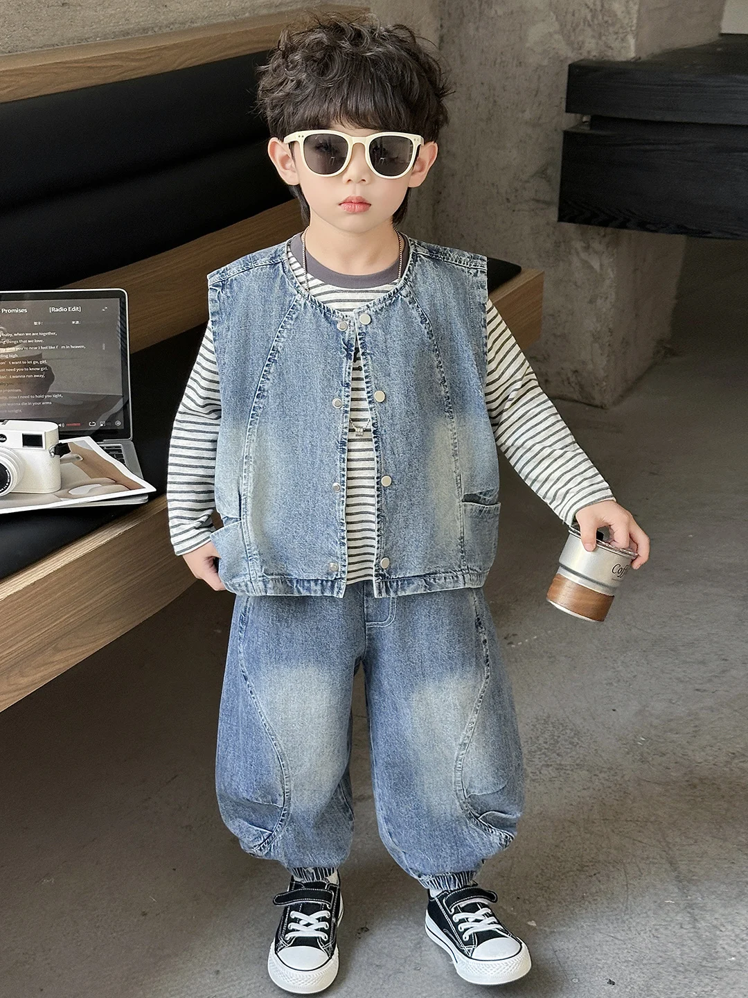 

Boy's Denim Vest Sweatirt Set Trendy Spring Summer Outfit Little Boy Spor Haome Blue Tee-piece Set Long Sve Long ...