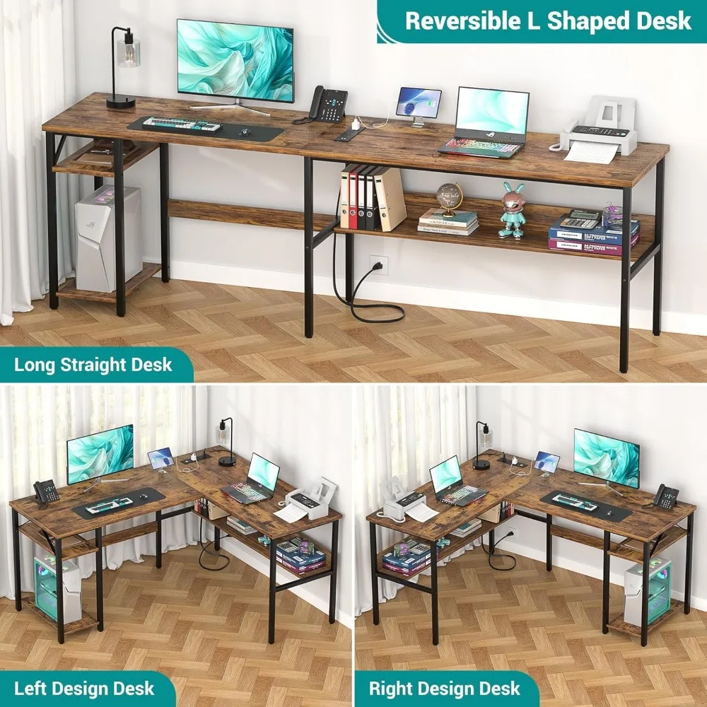Modern Corner Desk with Reversible L-Shape, Power Outlets, USB Ports, and Storage Shelf for Home Office Use