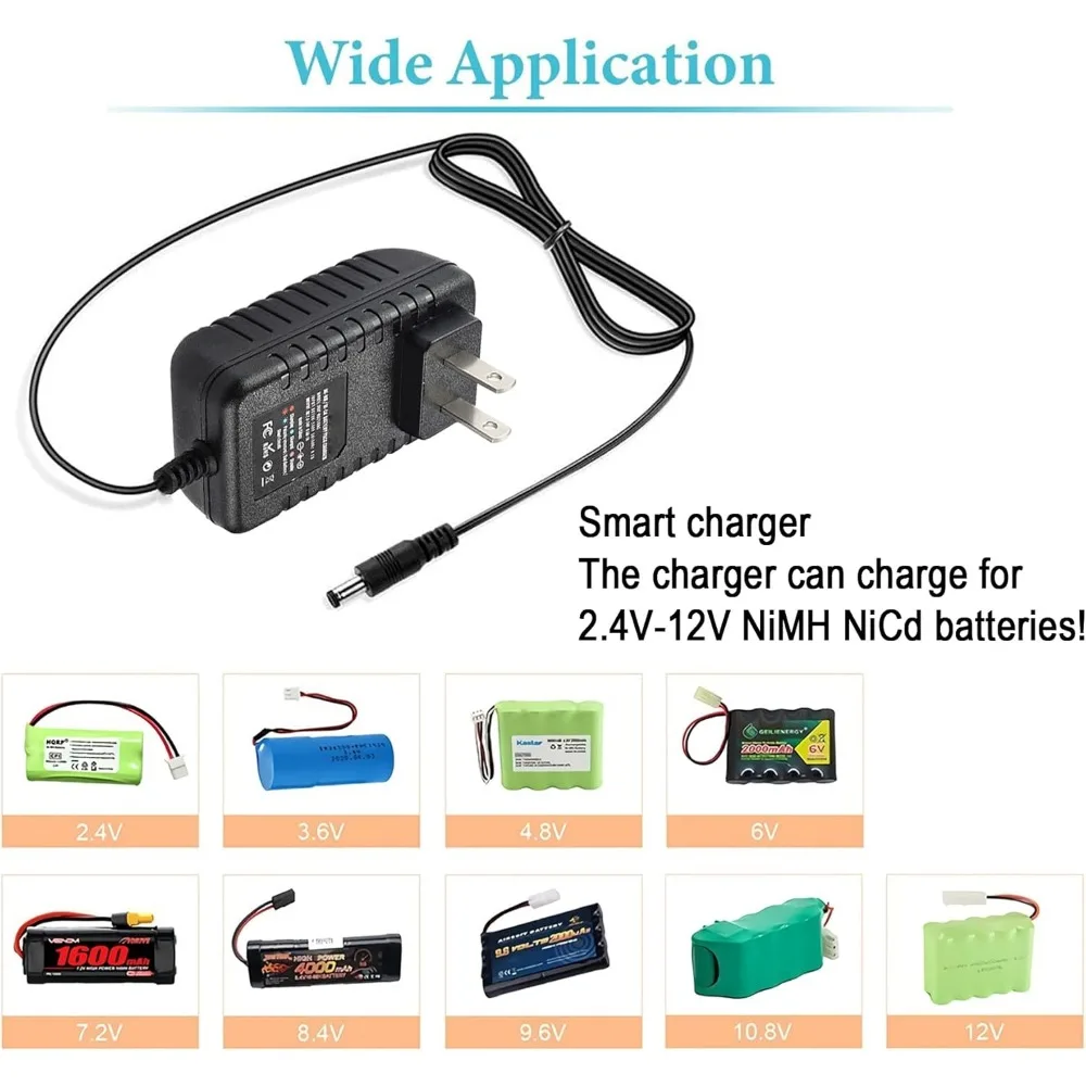 Smart RC Car Battery Charger for 4.8V 7.2V 8.4V 9.6V Battery,RC Car Charger for T-raxxas Battery 2.4V-12V NiMH/NiCD Battery Pack