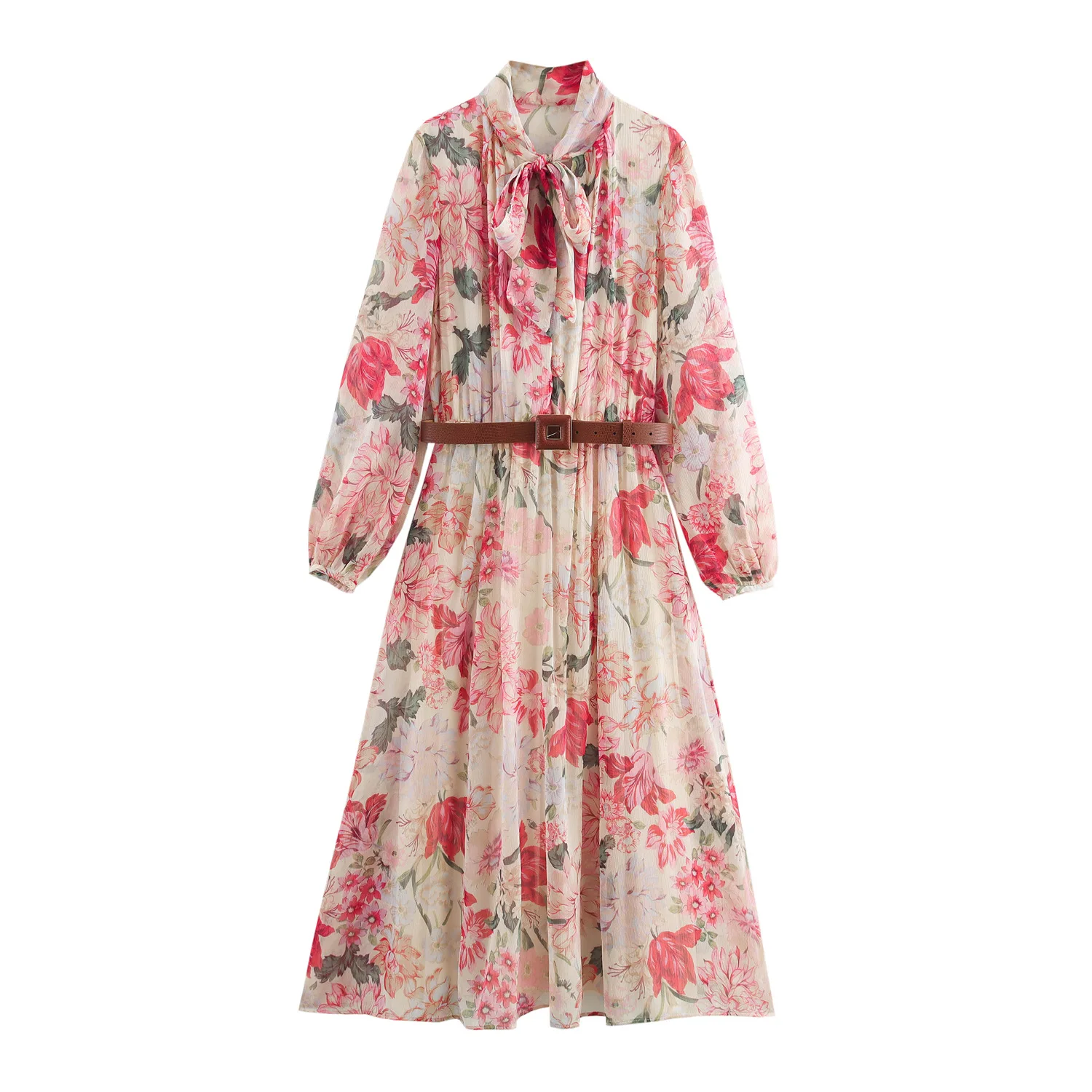 

Women's fashion printed midi dress bow tie with belt new spring summer high street holiday beach elegant printed dress