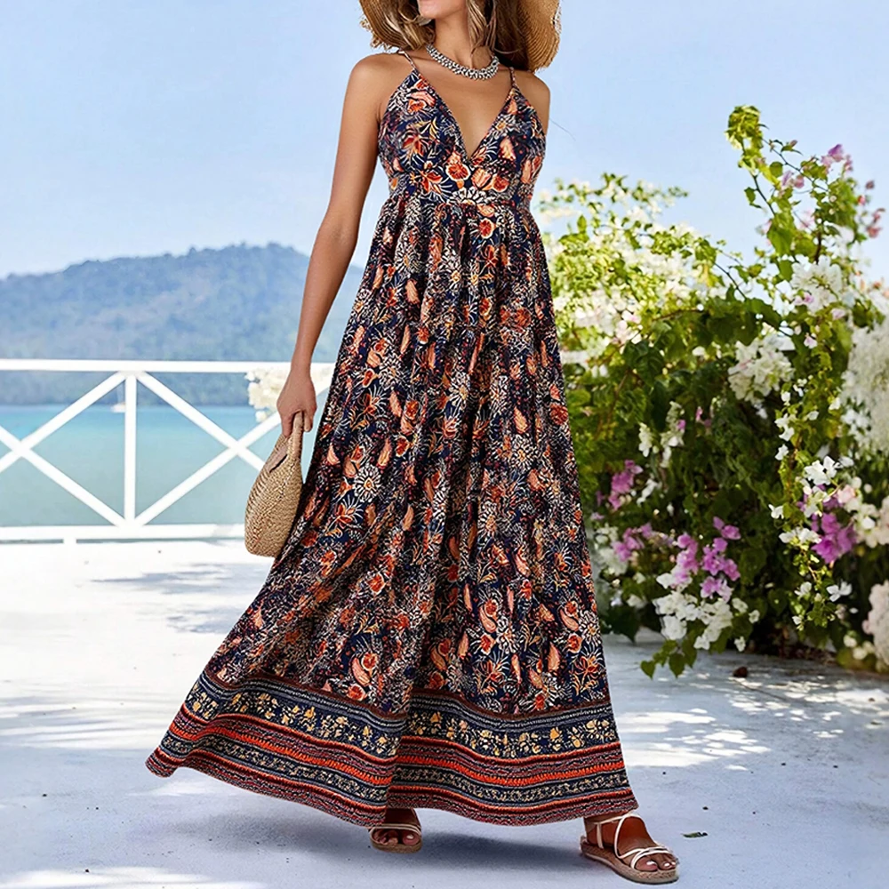 فساتين الصيف عطلة نمط الأزهار طباعة أكمام يغرق الرقبة منتظم صالح فساتين ماكسي كامي للنساء