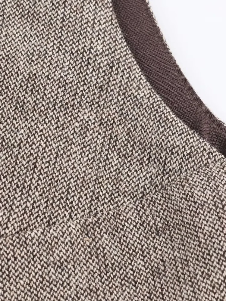 European-style new women's fashion versatile and elegant solid color deep V-neck sleeveless slim waist wool shorts dress