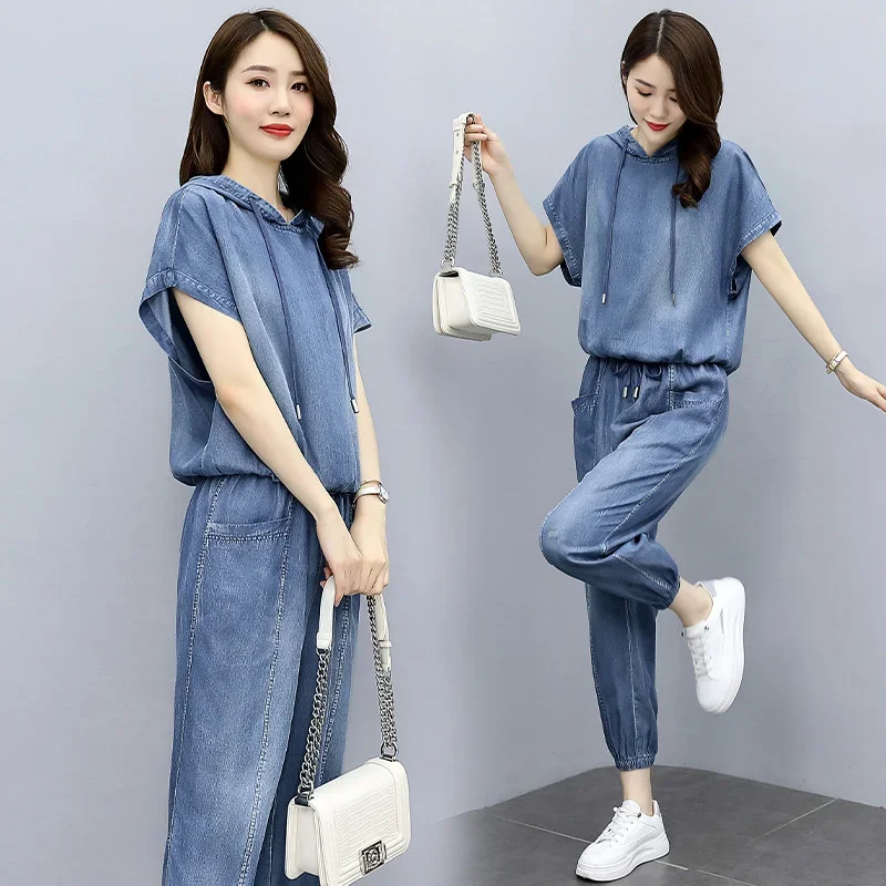 

Summer Women Denim Two-Piece Suit New Fashion Blast the Street Sportswear Female Casual Loose 2 Piece Set Women Outfit E89