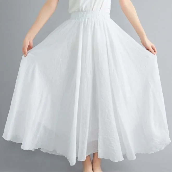 Boho Beach Women's Skirt - Linen Cotton Blend Elastic Waist Long Pleated Maxi, Vintage Summer Casual Skirt Faldas Saia