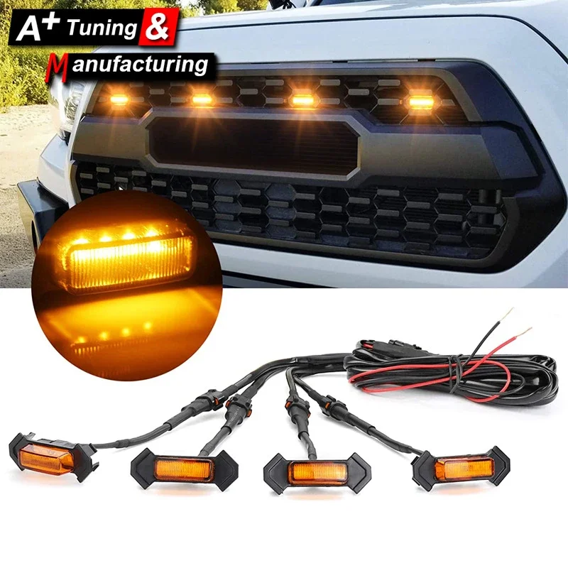 4Pcs Raptor Style Amber Lens Grille LED Lights For Toyota Tacoma TRD Pro 2016-2021 Day Running Light Width Light Side Light