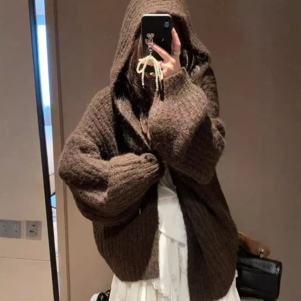 

Женский кардиган с капюшоном из альпаки в стиле ретро, утолщенная вязаная куртка, свободный топ средней длины в ленивом стиле на осень-зиму