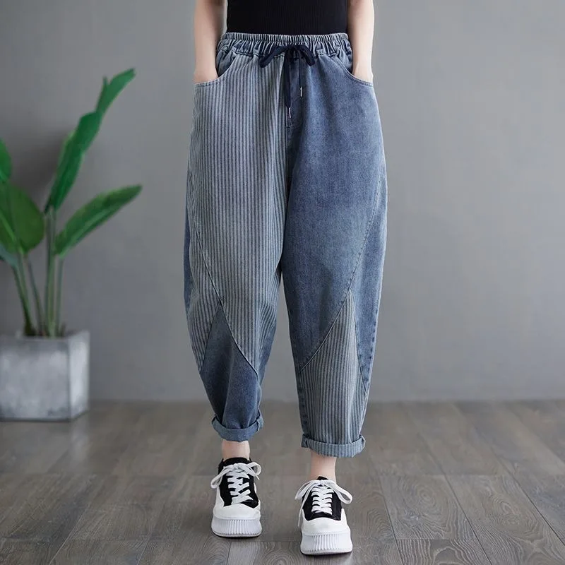 

y2k pantWomen's Spring Autumn Vertical Stripe Spliced Jeans, Korean Style Plus Size High Waist Drawstring Loose Slim Harem Pants