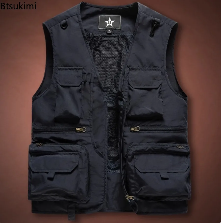2025 New Men's Vest Tactical Webbed Gear Coat Summer Photographer Waistcoat Tool Many Pocket Mesh Work Sleeveless Jacket Male