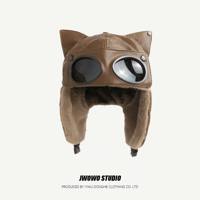 

Зимняя кепка Lei Feng из искусственной кожи с кошачьими ушками, утолщенная флисовая ветрозащитная, морозостойкая, велосипедные, лыжные, солнцезащитные очки, защита ушей, шапка пилота