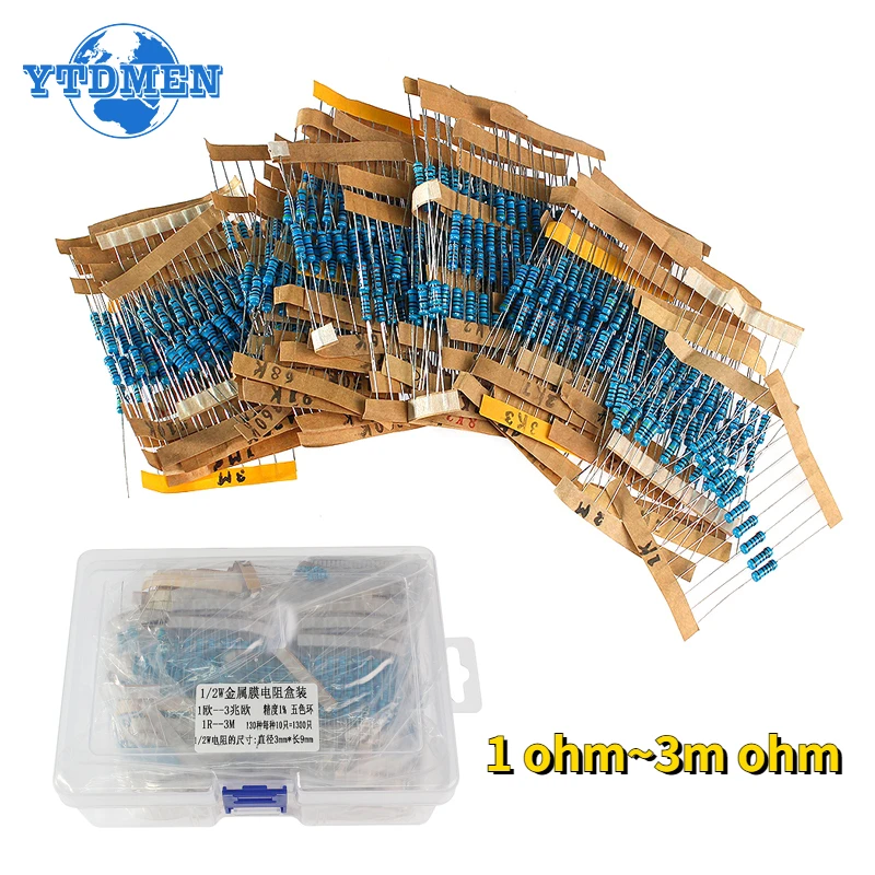 1300pcs 130 Values 1/2W Metal Film Resistor Assorted Kit 1% 1 Ohm-3m Ohm Resistance 0.5W Resistors Assortment Set with Box