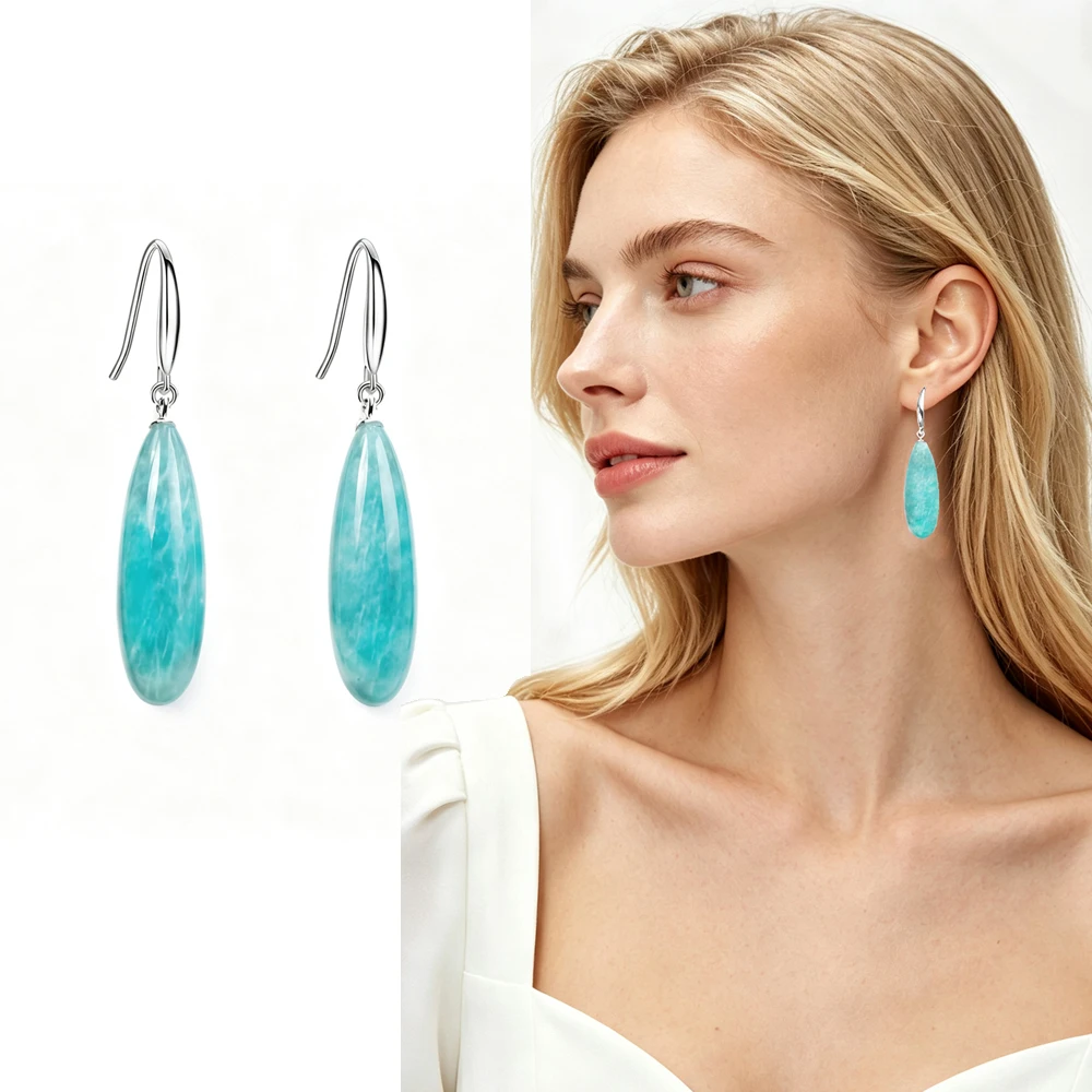 Trend ige natürliche Amazonit Ohrringe solide Silber lange Edelstein Wasser tropfen 10*30mm für Frauen Geburtstags feier Schmuck Geschenk