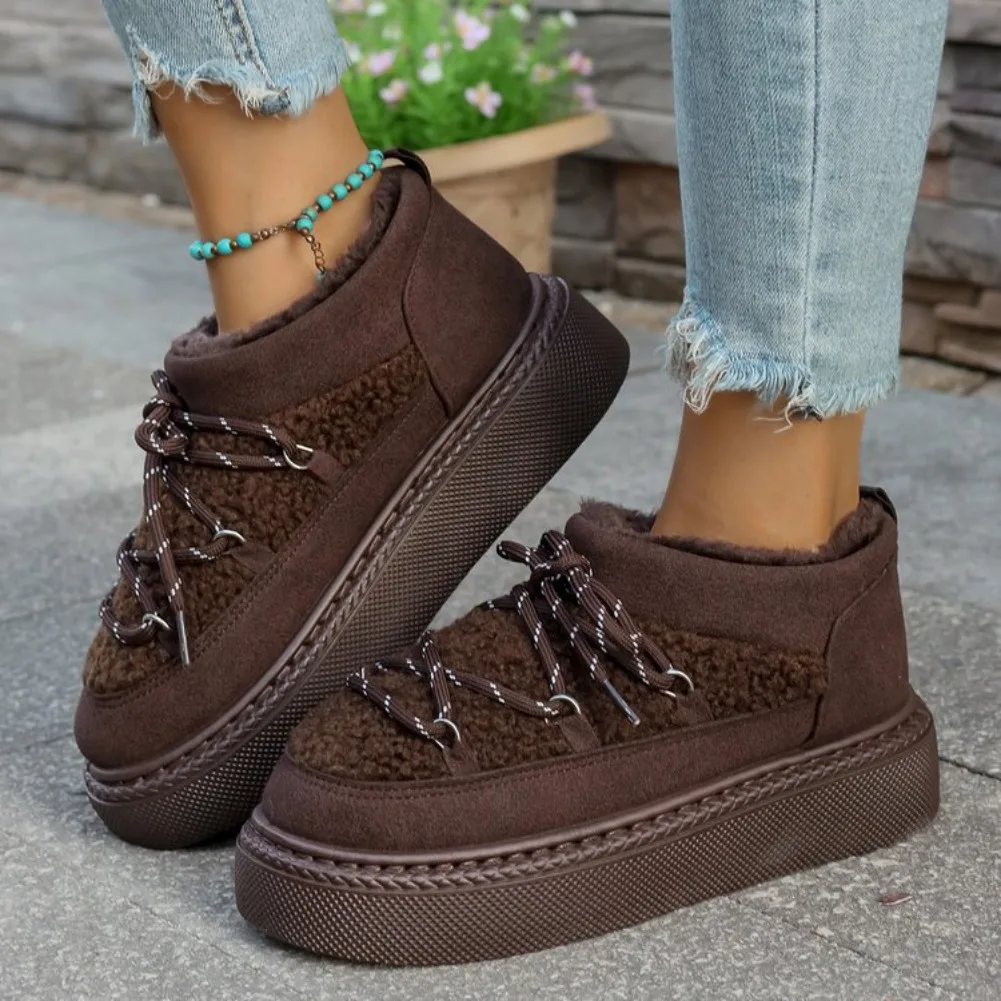 المرأة أحذية بوت قصيرة مستديرة تو تقسم أفخم الدانتيل متابعة منصة أمامية المضادة للانزلاق مقاومة للاهتراء أحذية قطنية 2025 الشتاء الثلوج الأحذية