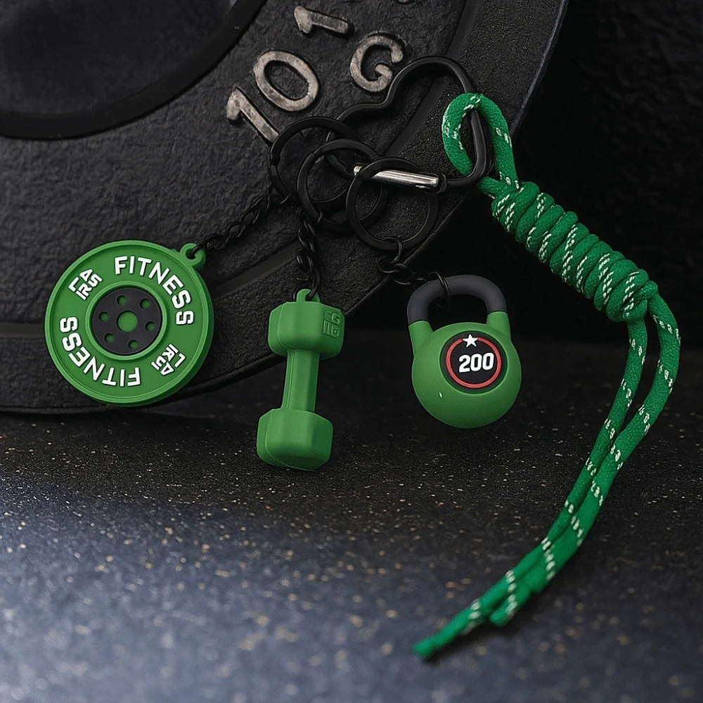 Heart Buckle Barbell Plates Key Chain Bag Charm Kettle Bells Simulation Dumbbells Keyring Creative Trendy Fitness Series Pendant