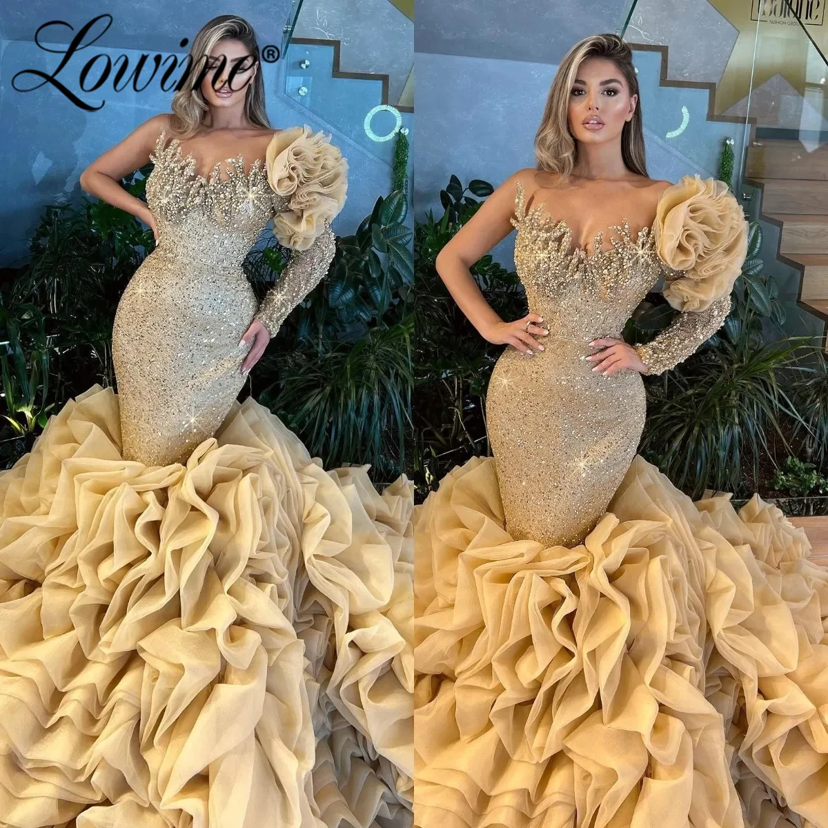 Gold Sequins Beaded Mermaid Prom Dresses Applique Crystals One Shoulder Ruffles Tiered Wedding Party Dress Long Evening Gowns